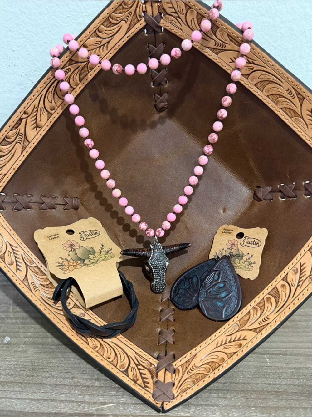 Justin  3pc set Leather bracelet and earrings Necklace with Bull Skull Pendant